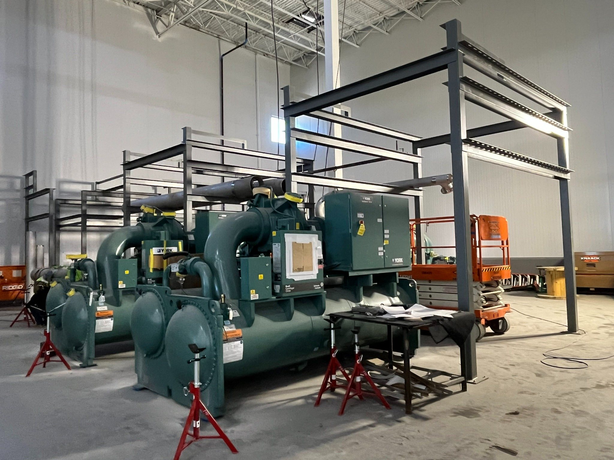 Fabricated steel frames around industrial equipment
