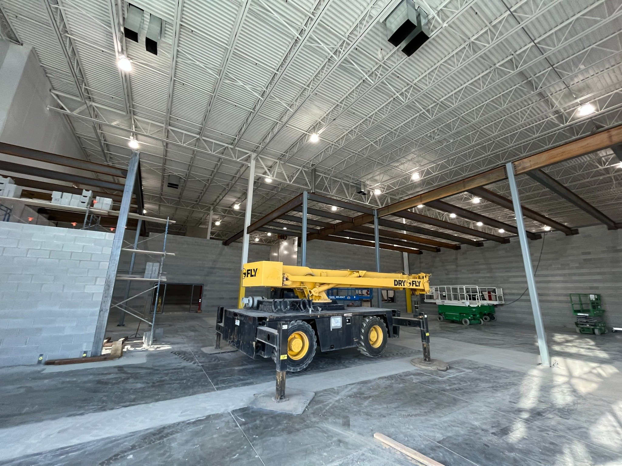 Structural steel framing inside a commercial facility
